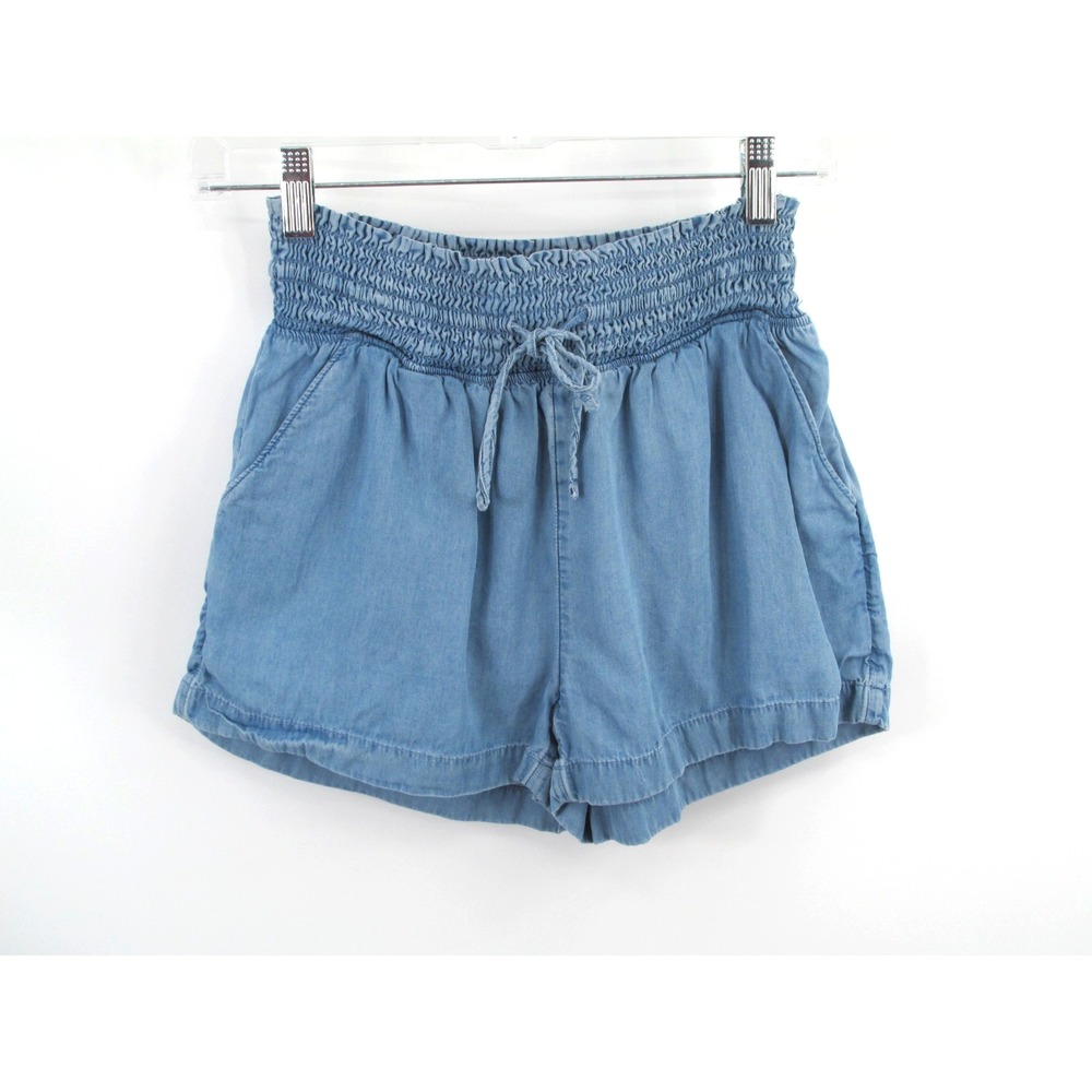 SO Paperbag Shorts Womens Small Light Blue Denim Lyocell Smocked Elastic Waist